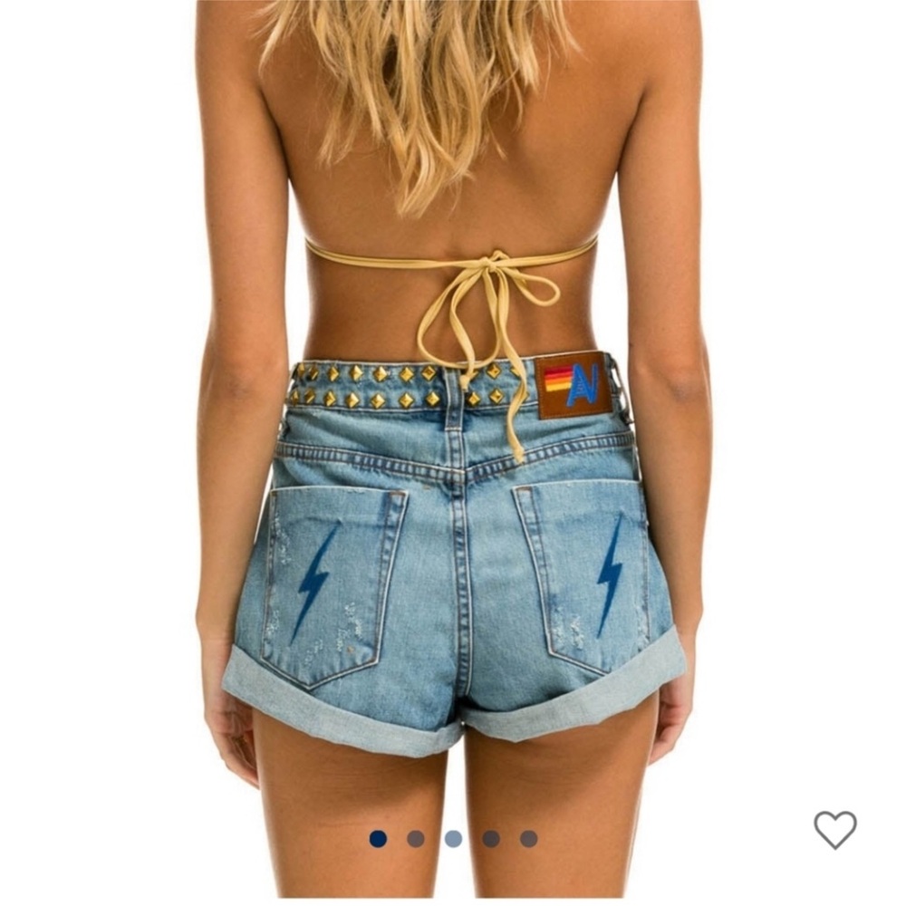 Aviator Nation Light Blue Mid Rise Rocker Bolt Jean Shorts w/ Studded Waistband